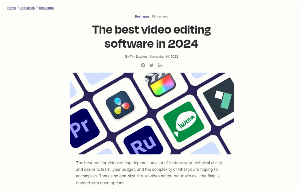 “Best video editing software” landing page on Zapier