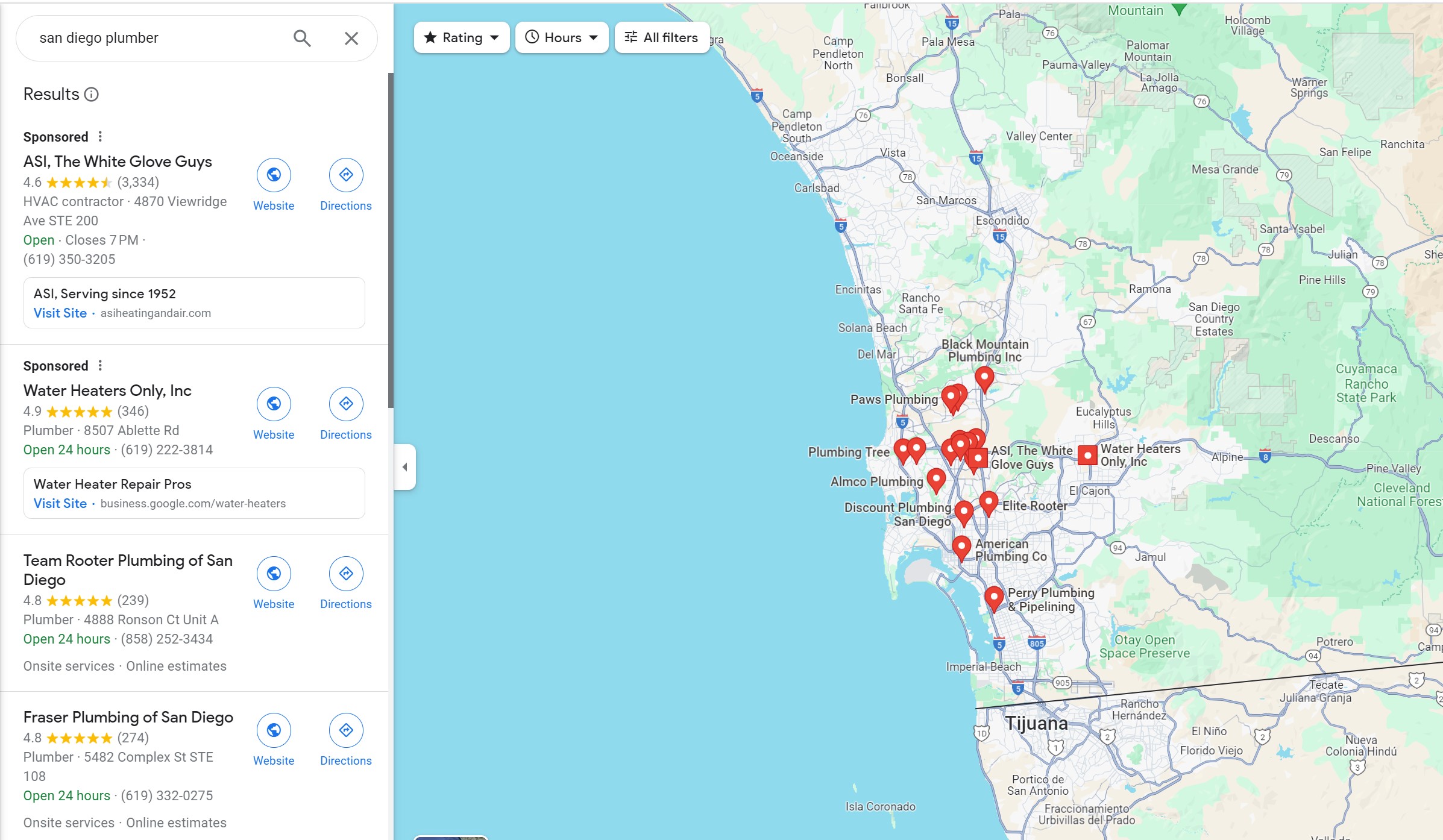 Example of Local Service Ads Map View for San Diego Plumber