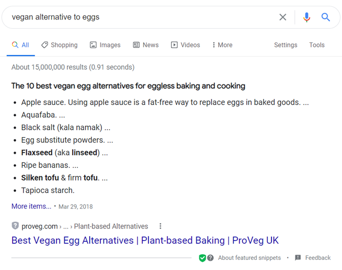 Featured Snippets: "vegan alternative to eggs: