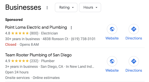 Example of paid Google Business Profile local business listing vs. organic Google Business Profile