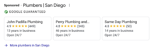 Example of Google Guaranteed Local Business Listing