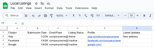 Example Spreadsheet for Tracking Local Business Listing Updates